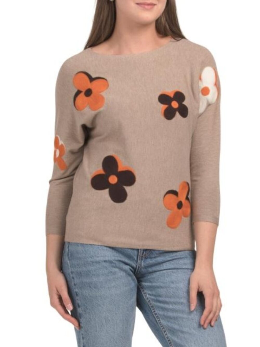 NWT AAEDA Hazelnut Tan Flower Embroidery Dolman Sleeve Sweater